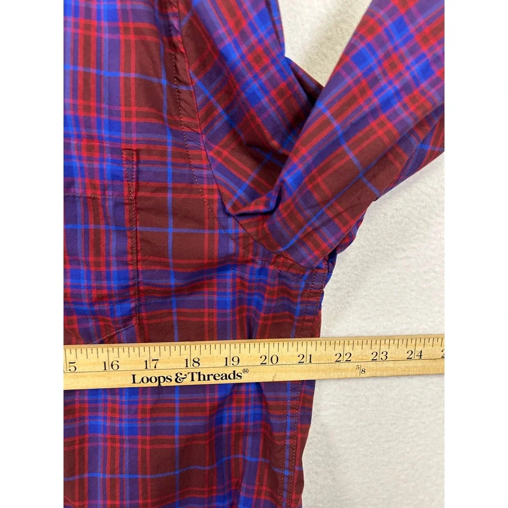 Banana Republic Preppy Dark Academia Mens LG Burgundy Blue Plaid Untucked Shirt